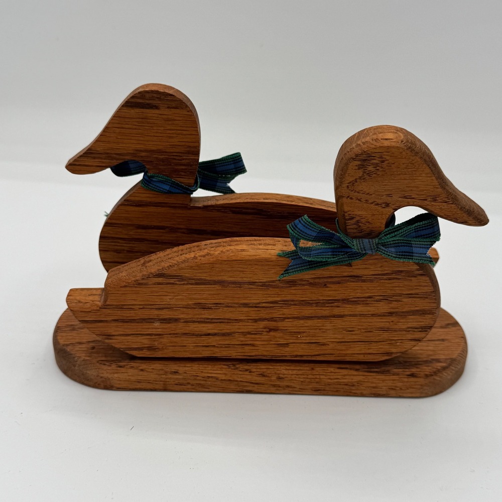 Vintage Wooden Duck Napkin Holder Solid Oak Farmhouse Decor Plaid Ribbon Bows